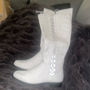Knee-High Suede Lace-Trim Boots in Light Gray